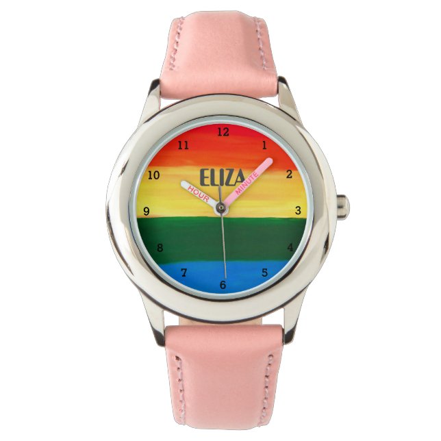 Boho Rainbow Watercolor Niedlich Girls Pink Kinder Armbanduhr (Vorderseite)