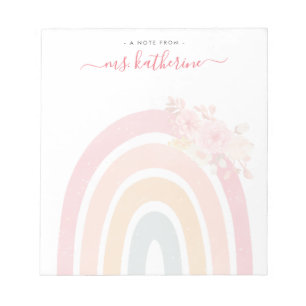 Boho Rainbow Watercolor Pink Floral Teacher Notizblock