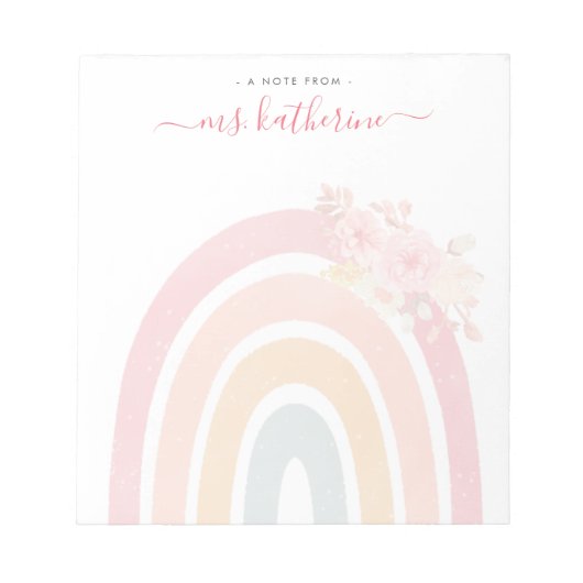 Boho Rainbow Watercolor Pink Floral Teacher Notizblock (Vorderseite)
