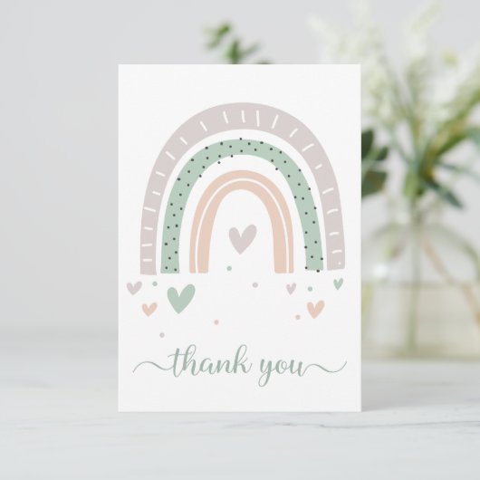 Boho Rainbow Watercolor Sage Green Dankeskarte (Stehend Vorderseite)