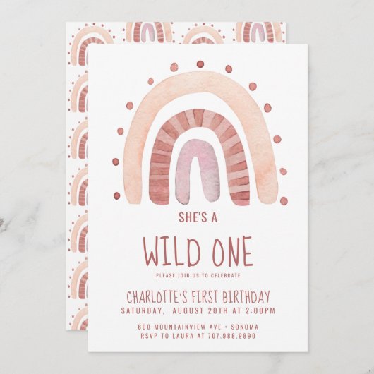 Boho Rainbow Wild One Geburtstag Einladung (Vorne/Hinten)