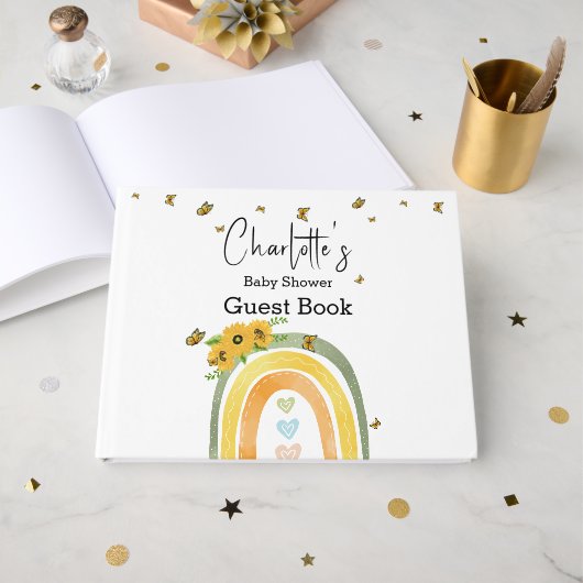 Boho Rainbow With Sunflowers Baby Shower Gästebuch (Vorderseite Offen)
