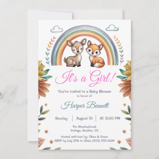 Boho Rainbow Woodland Animals Girl Baby Shower Einladung