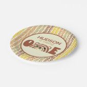 Boho Rainbow Woodland Bear Erster Geburtstag Pappteller (Schrägansicht)