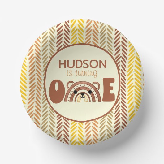 Boho Rainbow Woodland Bear Erster Geburtstag Pappteller (Vorderseite)