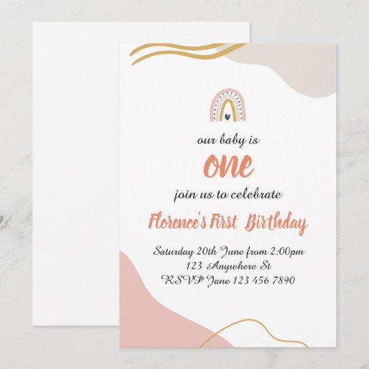 Boho Rainbow zum ersten Geburtstag Einladung (Vorne/Hinten)