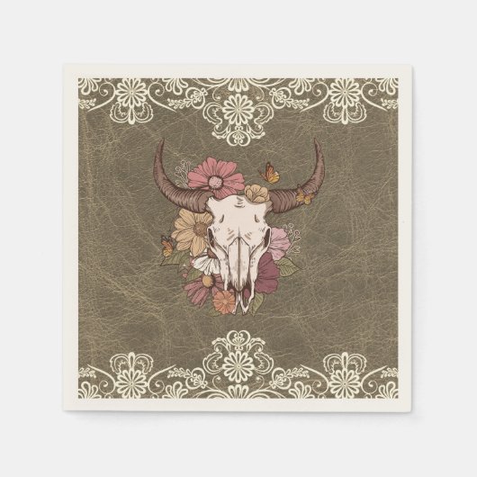 Boho Ranch Floral Bull Skull Paper Cocktail Napkin Serviette (Vorderseite)