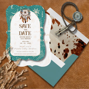 Boho Ranch Wedding Türkise Leather Save the Date Einladung