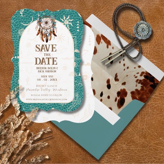 Boho Ranch Wedding Türkise Leather Save the Date Einladung