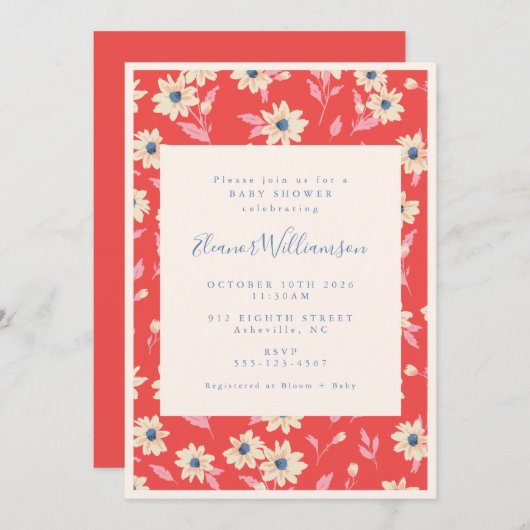 Boho Red and Blue Floral Baby Dusche Einladung (Vorne/Hinten)