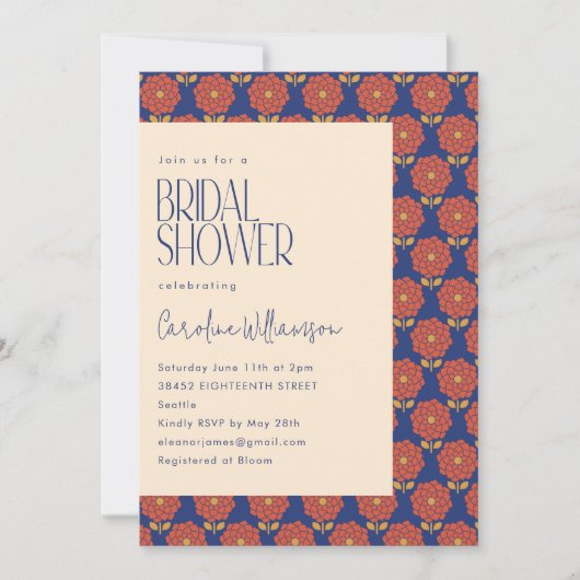 Boho Red and Blue Floral Botanic Brautparty Einladung (Vorderseite)