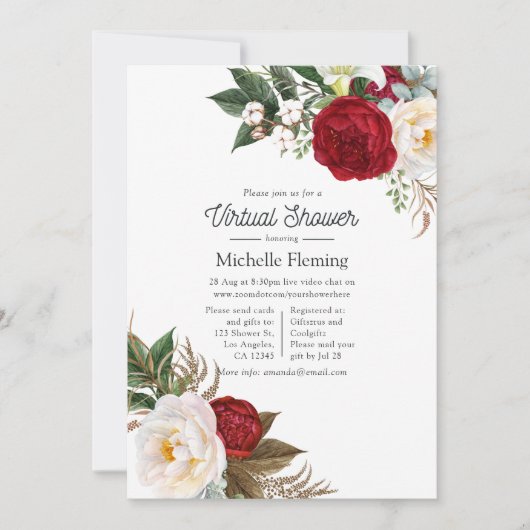 Boho Red and White Floral Virtual Dusche Einladung (Vorderseite)