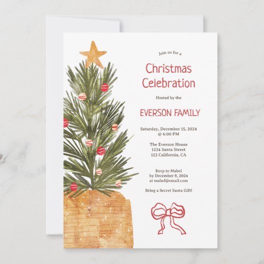 Boho Red and White Scandi Christmas Tree Party Einladung (Vorderseite)