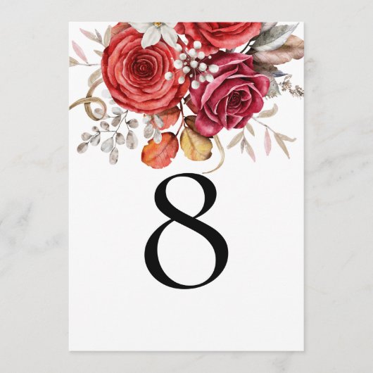 Boho Red Autumn Florals Tischnummer (Vorderseite)