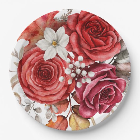 Boho Red Autumn Florals Wedding Pappteller (Vorderseite)