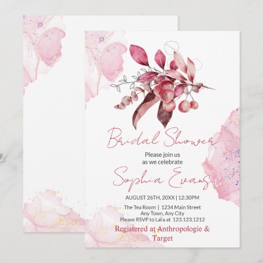 Boho Red Berries & Greenery Weißes Brautparty Einladung (Vorne/Hinten)