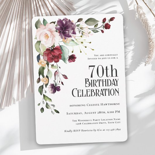 Boho Red, Blush und Lila Floral 70. Geburtstag Einladung