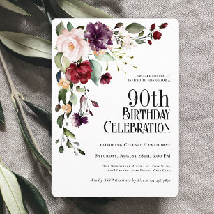 Boho Red Blush und Lila Floral 90. Geburtstag Einladung