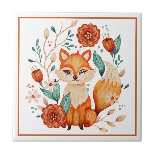 Boho Red Fox mit Blume und Blätter Fliese (Vorderseite)
