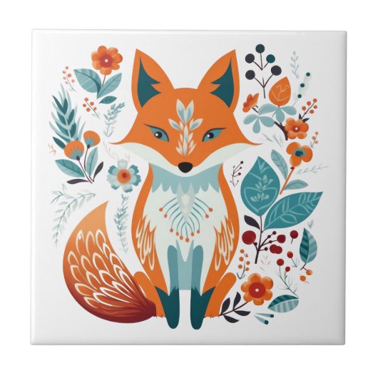 Boho Red Fox Skandinavien Folklorekunst Fliese (Vorderseite)