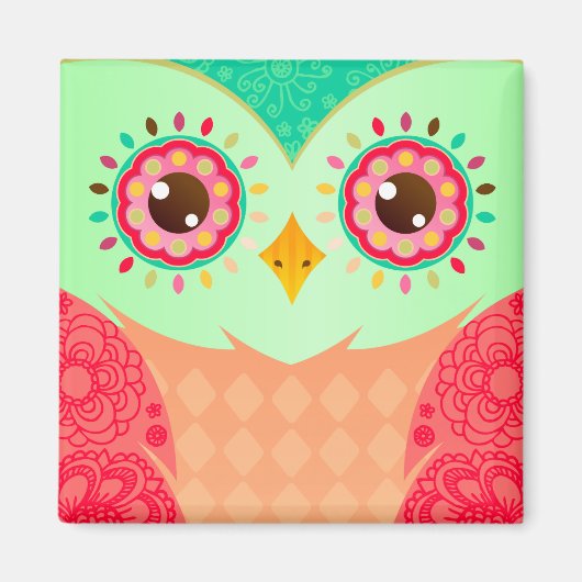 Boho Red & Green Owl Magnet (Vorne)