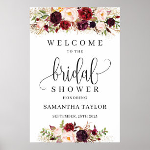 Boho red marsala floral bridal shower welcome sign poster