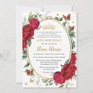Boho Red Peonies Floral Butterflies 18. Geburtstag Einladung