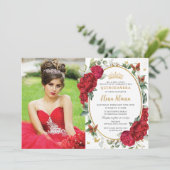 Boho Red Peonies Floral Butterflies Quinceañera Einladung (Stehend Vorderseite)