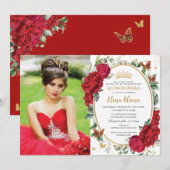 Boho Red Peonies Floral Butterflies Quinceañera Einladung (Vorne/Hinten)