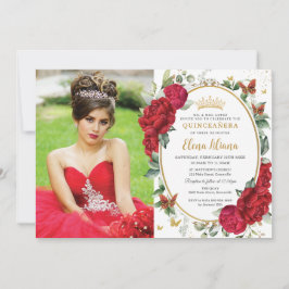 Boho Red Peonies Floral Butterflies Quinceañera Einladung