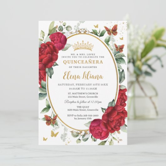 Boho Red Peonies Floral Butterflies Quinceañera Einladung (Stehend Vorderseite)