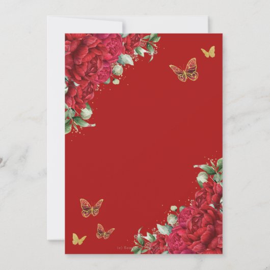 Boho Red Peonies Floral Butterflies Quinceañera Einladung (Rückseite)