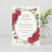 Boho Red Peonies Floral Butterflies Quinceañera Save The Date (Stehend Vorderseite)