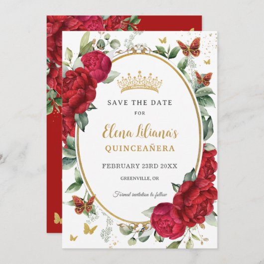 Boho Red Peonies Floral Butterflies Quinceañera Save The Date (Vorne/Hinten)