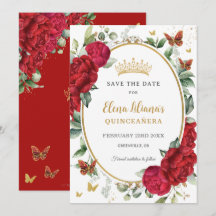 Boho Red Peonies Floral Butterflies Quinceañera