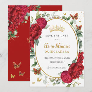 Boho Red Peonies Floral Butterflies Quinceañera Save The Date
