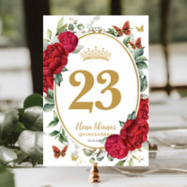 Boho Red Peonies Floral Butterflies Quinceanera Tischnummer