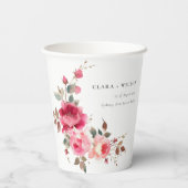 Boho Red Pink Rose Blume Wasserfarbenhochzeit Pappbecher (Rückseite)