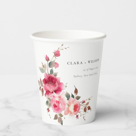 Boho Red Pink Rose Blume Wasserfarbenhochzeit Pappbecher (Rückseite)