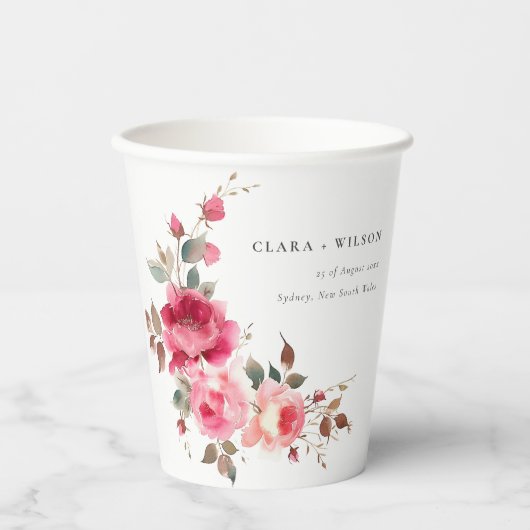 Boho Red Pink Rose Blume Wasserfarbenhochzeit Pappbecher (Vorderseite)
