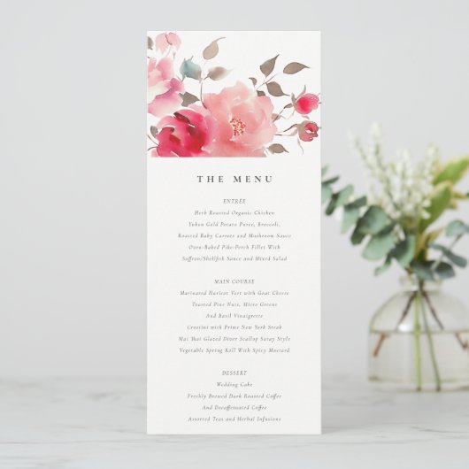Boho Red Pink Rose Blume Wedding Menu Card Einladung (Stehend Vorderseite)