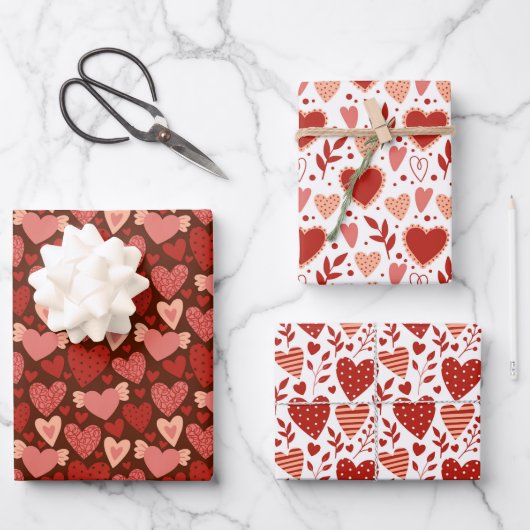 Boho Red Pink Valentine Herzmuster Set 2 Geschenkpapier Set (Vorderseite)