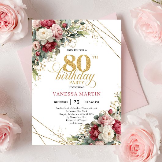 Boho Red White Greenery 80th Birthday Invite Einladung