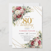 Boho Red White Greenery 80th Birthday Invite Einladung (Vorderseite)