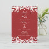 Boho Red & White Lace Bold Pattern Wedding Einladung (Stehend Vorderseite)