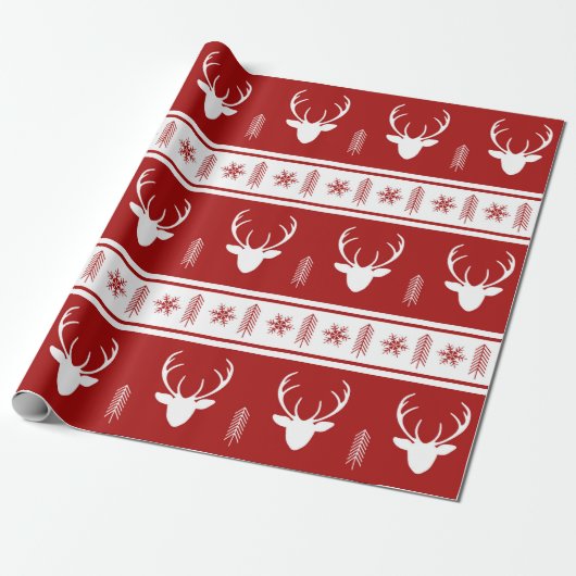 Boho Red White Reindeer Snowflake Weihnachten Geschenkpapier (Ungerollt)