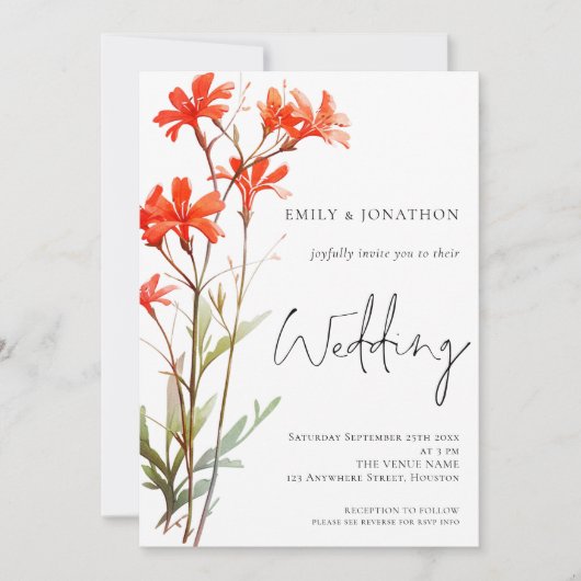 Boho Red Wildblumen QR Code Script Hochzeit Einladung (Vorderseite)