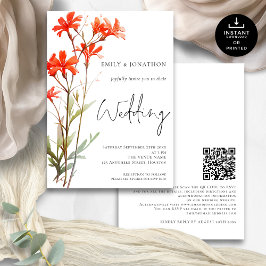 Boho Red Wildblumen QR Code Script Hochzeit Einladung