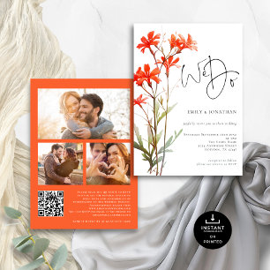 Boho Red Wildblumen Wir machen 3 Foto QR Hochzeit Einladung