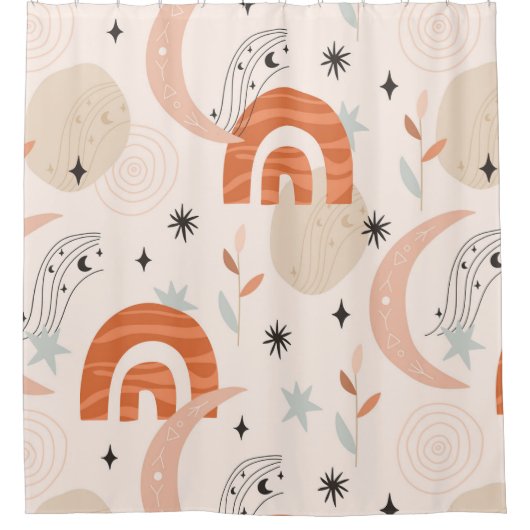 Boho Regenbogen abstrakte Linien Mond Stars Blume Duschvorhang (Vorderseite)